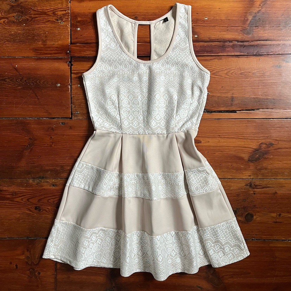 Lace-Panel Fit & Flare Dress in Cream and Beige